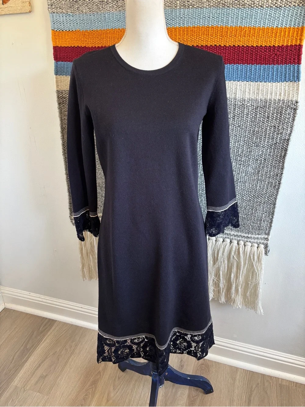Tory Burch Navy Dress with Velvet Lace Trim Midi Dress
